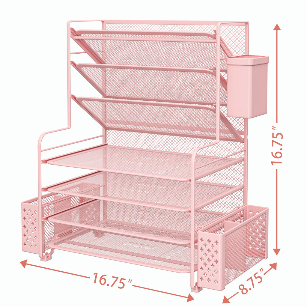 Simple Trending 7 Tier Desk File Organizer, Letter Tray Paper Organizer with Pen Holder and Metal Hanging Basket, Black