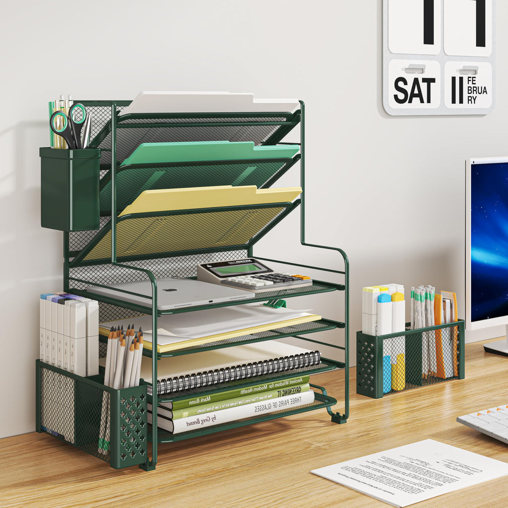 Simple Trending 7 Tier Desk File Organizer, Letter Tray Paper Organizer with Pen Holder and Metal Hanging Basket, Black