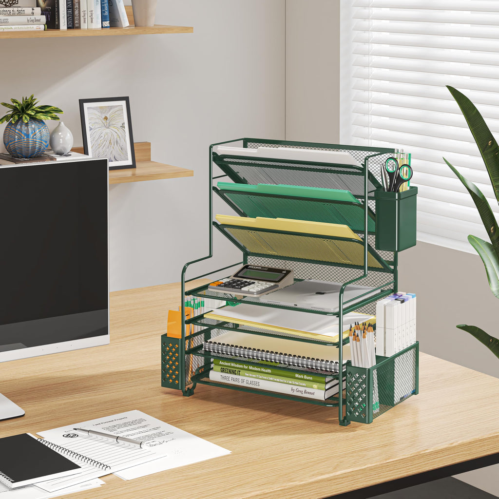 Simple Trending 7 Tier Desk File Organizer, Letter Tray Paper Organizer with Pen Holder and Metal Hanging Basket, Black