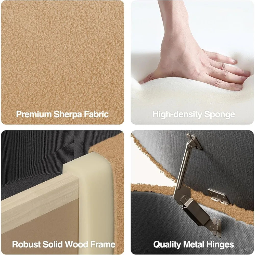 Bedroom Upholstered Storage Ottoman Bench Beige Metal Stand End of Bed Storage Furniture with Boucle Fabric