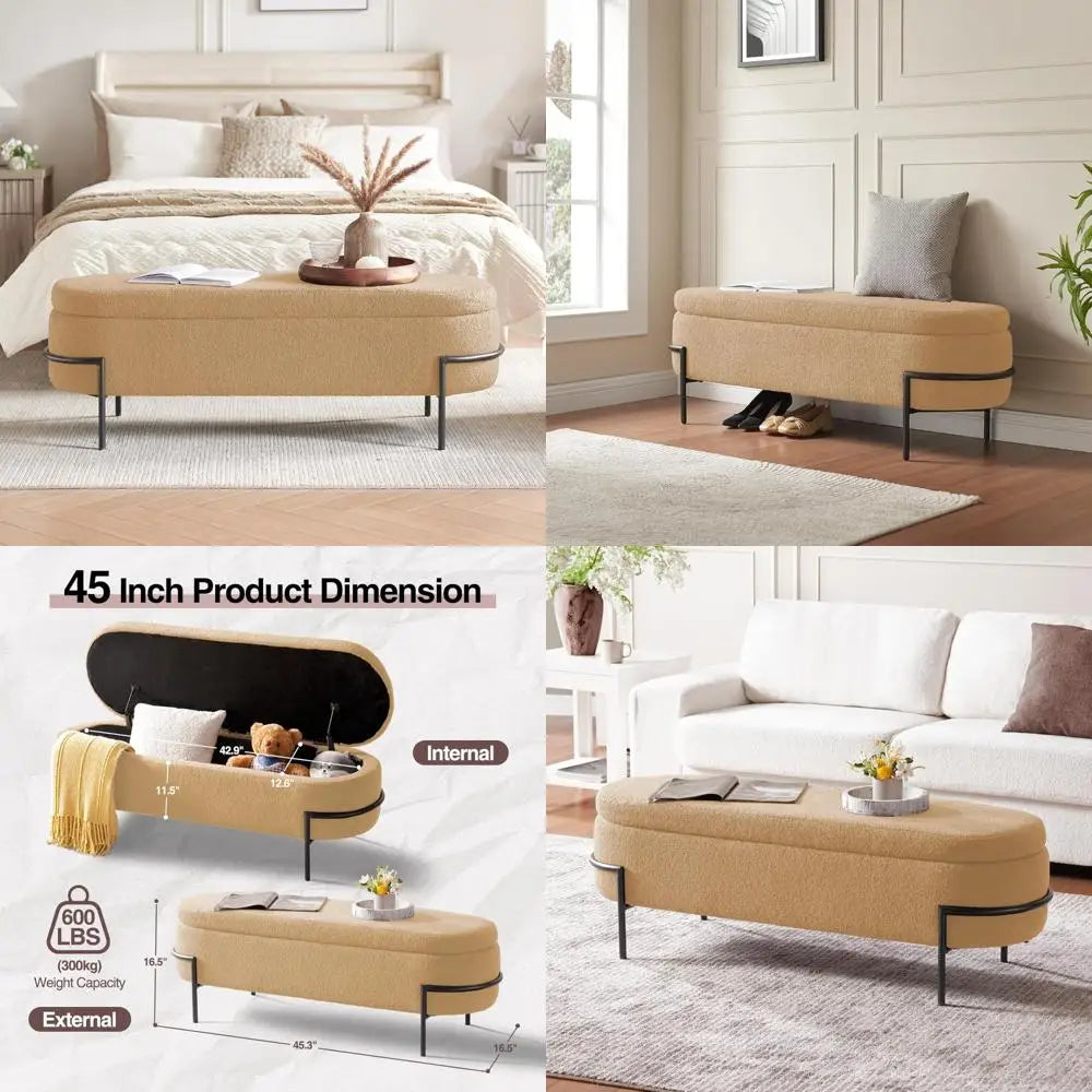 Bedroom Upholstered Storage Ottoman Bench Beige Metal Stand End of Bed Storage Furniture with Boucle Fabric