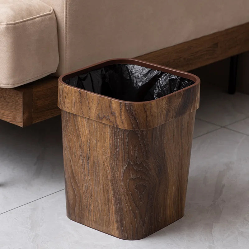 Square Wood Grain Garbage Bin Household Plastic Uncovered Office Bathroom Livingroom Kitchen 12L Dustbin Waste Basket Trash Can