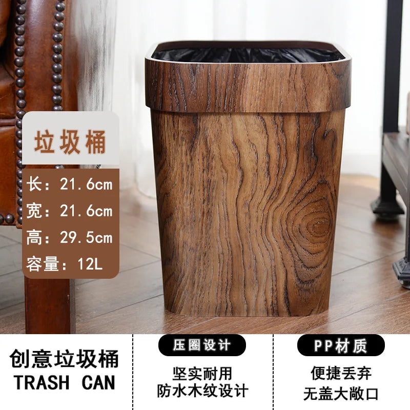 Square Wood Grain Garbage Bin Household Plastic Uncovered Office Bathroom Livingroom Kitchen 12L Dustbin Waste Basket Trash Can