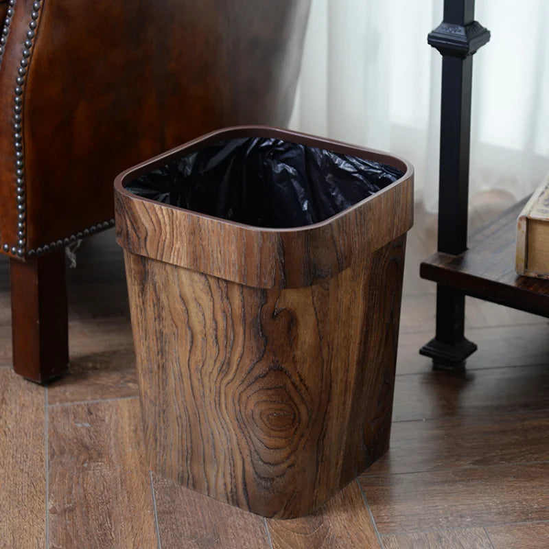 Square Wood Grain Garbage Bin Household Plastic Uncovered Office Bathroom Livingroom Kitchen 12L Dustbin Waste Basket Trash Can