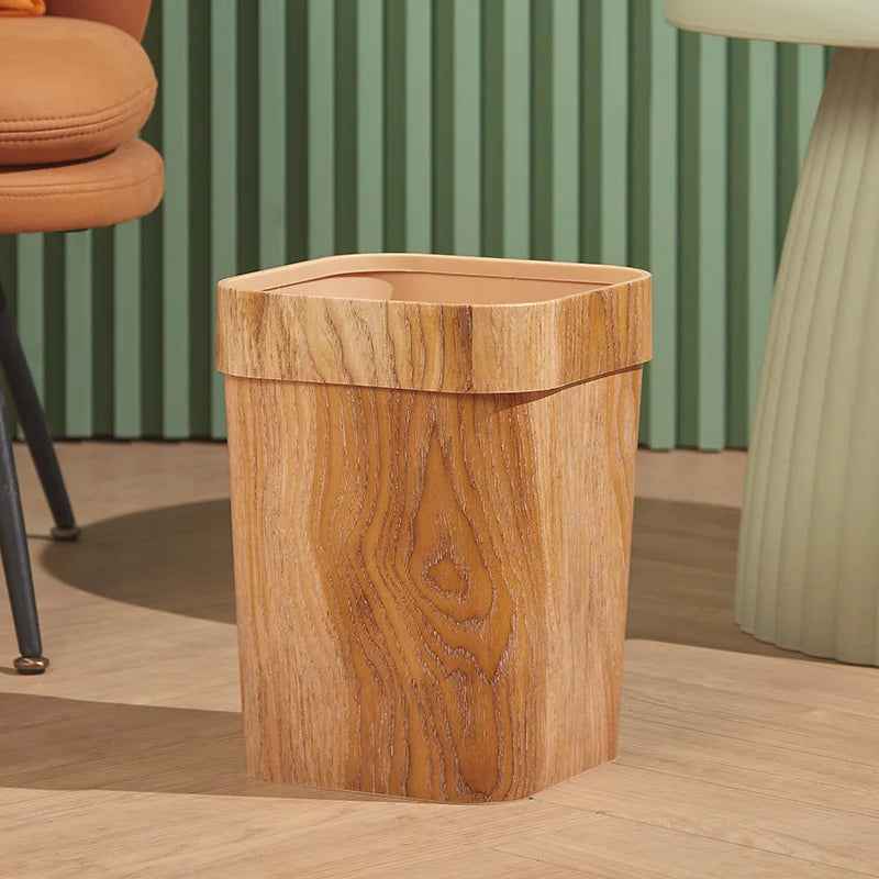 Square Wood Grain Garbage Bin Household Plastic Uncovered Office Bathroom Livingroom Kitchen 12L Dustbin Waste Basket Trash Can