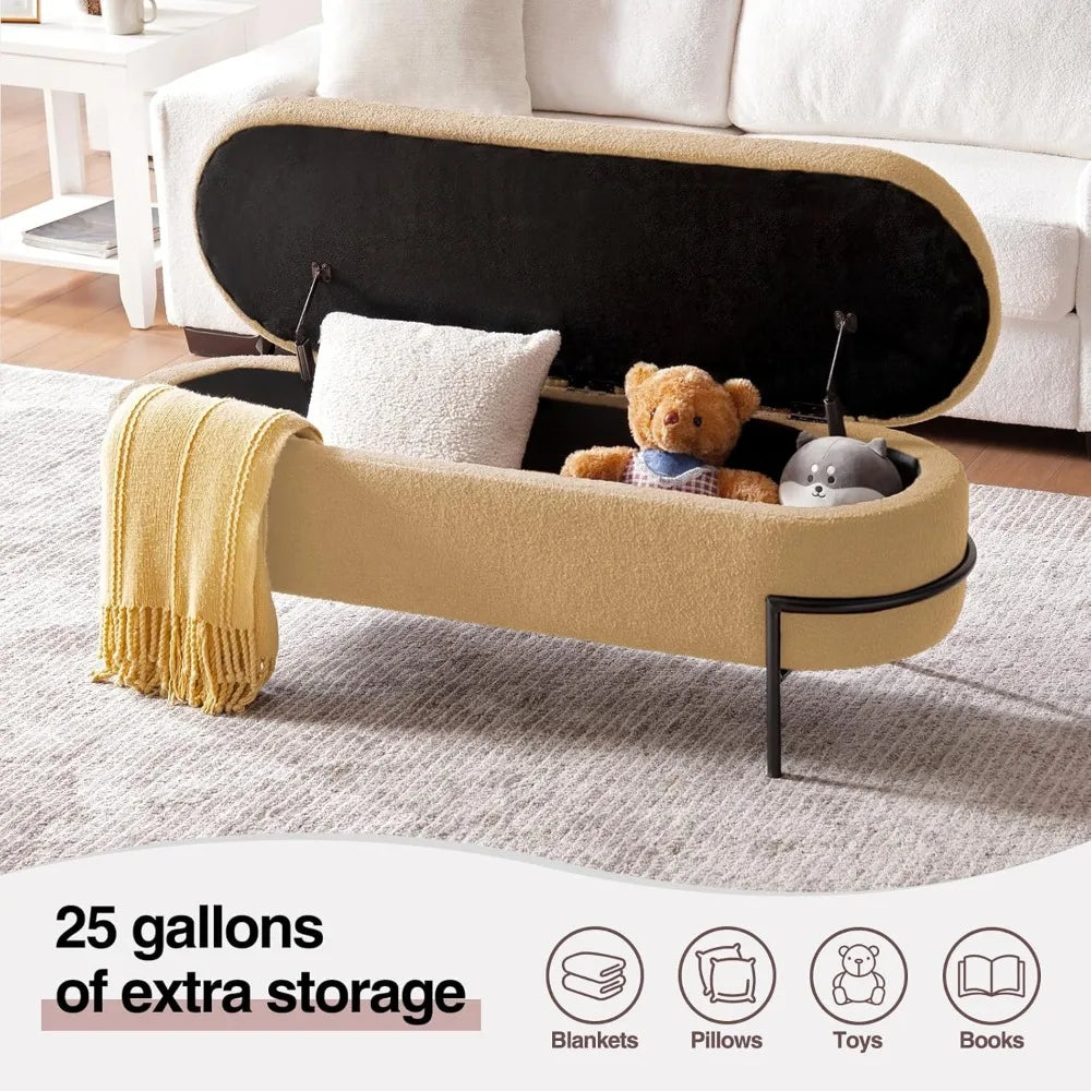 Bedroom Upholstered Storage Ottoman Bench Beige Metal Stand End of Bed Storage Furniture with Boucle Fabric