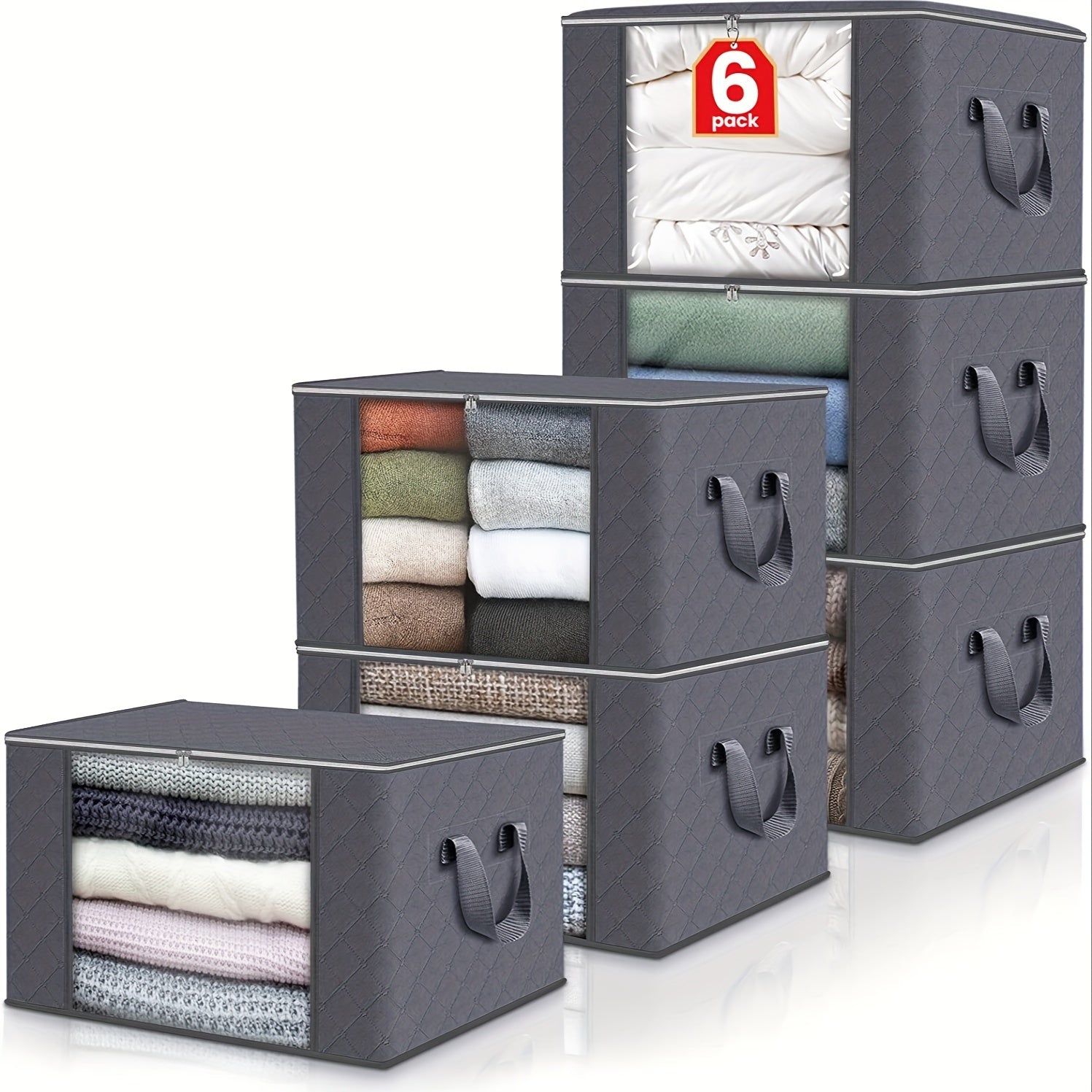 6pcs Foldable Clothes Storage Bins - Collapsible, Stackable, Reinforced Handles, Lids, Closet Organizers - For Clothing, Blanket, Toy, Shoe, Comforters Organization, Attractive Polka Dots Gray Bedroom Accessories