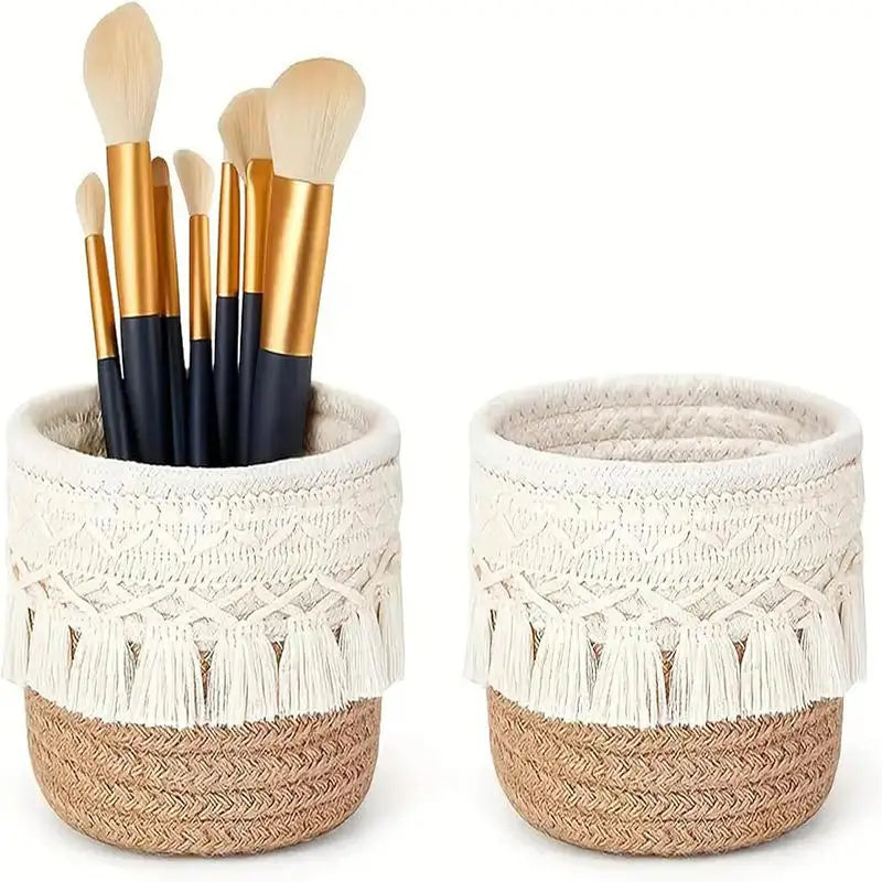 Cosmetic Storage Basket Cotton Woven Makeup Brush Holder Bedroom Decor Organizer Case Desktop Sundries Tidy Box With Tassel