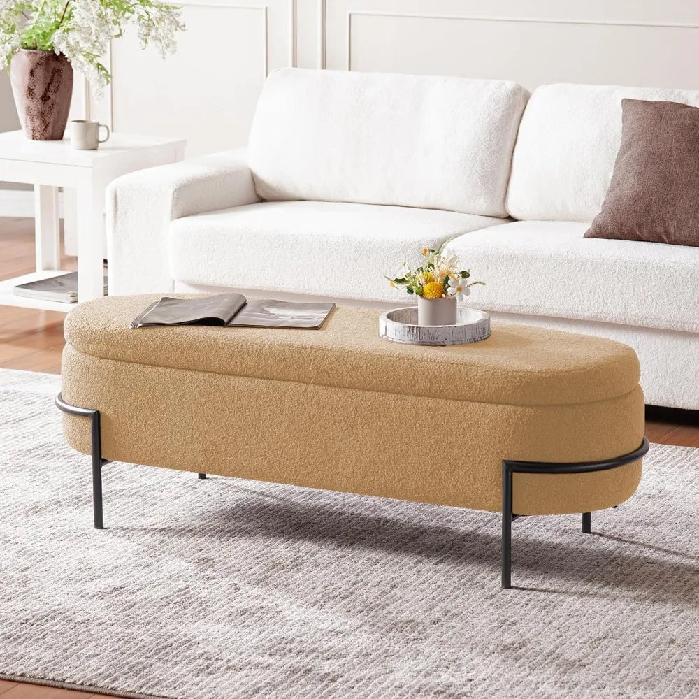 Bedroom Upholstered Storage Ottoman Bench Beige Metal Stand End of Bed Storage Furniture with Boucle Fabric