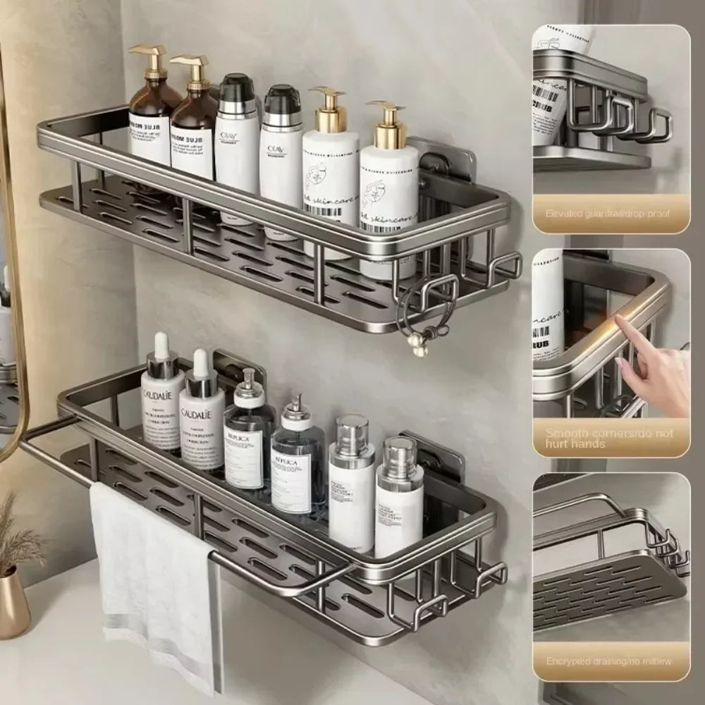 No-Drill Wall Mounted Bathroom Shelf – Heavy-Duty Aluminum Corner Shower Organizer for Shampoo, Toiletries & Kitchen Storage