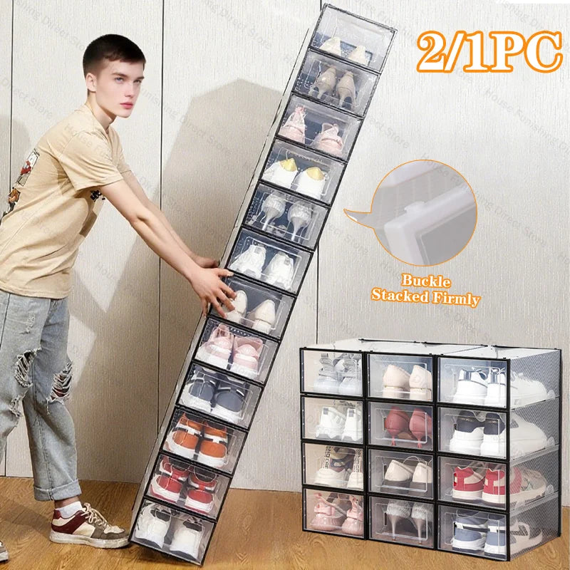 Foldable Clear Plastic Storage Box with Flip Cover Drawer Thick Space Saving Organizer Rack for Shoes Closet Cabinet Bedroom